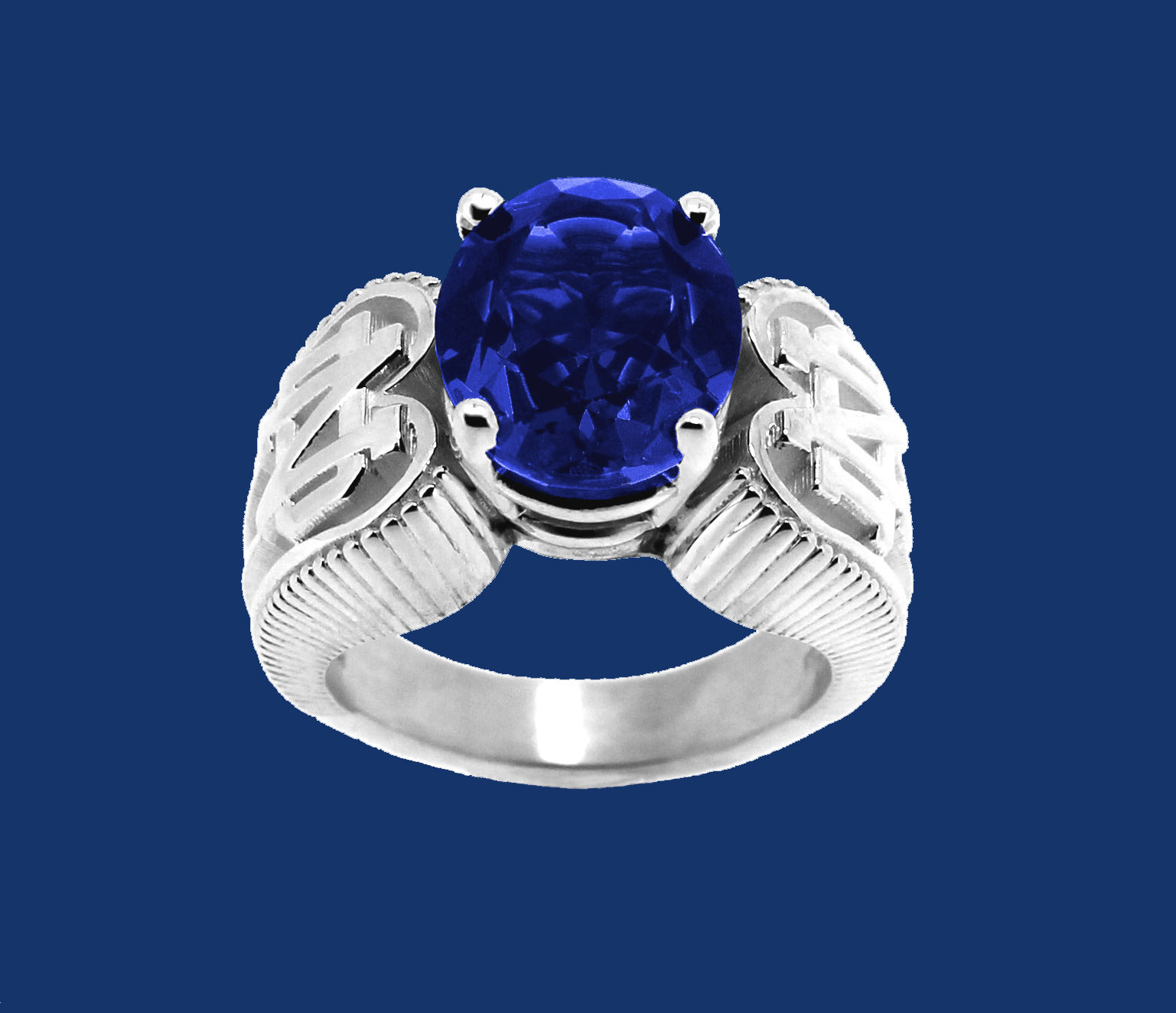 Ladies Fancy Stone Ring With ND on Sides-Blue