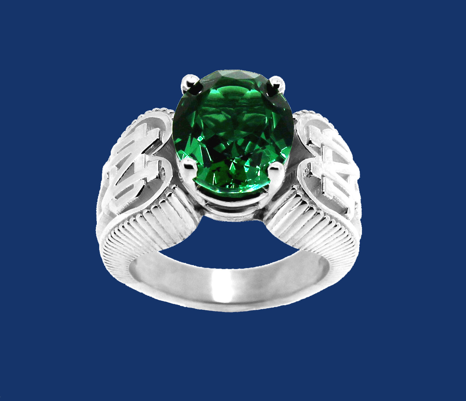 Ladies Fancy Stone Ring With ND on Sides-Green